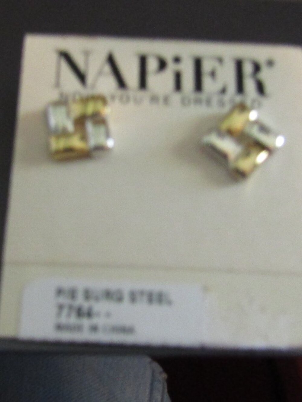 New on Card NAPIER Pierced Earrings Silver/Gold Tones Geometric Braided Design